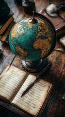 Vintage Globe and Books on Wooden Desk