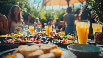 Friends enjoy a lively outdoor brunch featuring colorful dishes and refreshing drinks under warm sunlight.