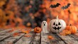 © Sun - A charming wooden table with a fun Halloween background featuring cartoon bats, pumpkins, and ghost cutouts, perfect for seasonal promotions or product showcasing