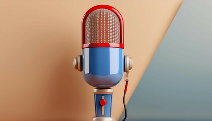 Front-facing retro-style microphone with a red, blue, and silver body, featuring a mesh head and a red button on the stand. The microphone is positioned against a beige and blue background.