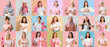 © Pixel-Shot - Set of women with pink ribbons on color background. Breast cancer awareness concept