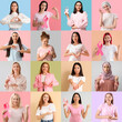 © Pixel-Shot - Set of women with pink ribbons on color background. Breast cancer awareness concept