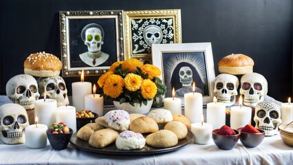 A beautiful altar with sugar skulls, photos of loved ones, and offerings of bread and fruits, glowing under candlelight, [Day of the Dead], [Mexican ofrenda].