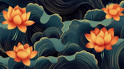 Wall Mural - Golden-Veined Orange Lotus Flowers on Dark Blue Water Background