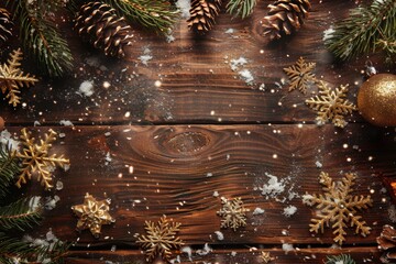 Pinecones and gold snowflakes arranged on a wooden surface, sprinkled with snow, creating a rustic and festive Christmas background.