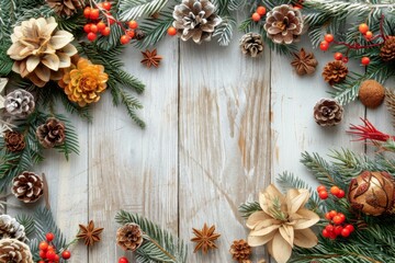 Rustic holiday arrangement of pinecones, dried flowers, and berries on a wooden background, creating a natural Christmas decoration.