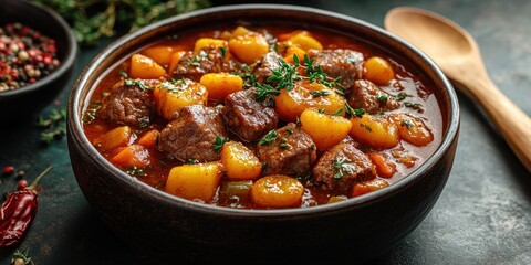 Wall Mural - Beef Stew with Potatoes and Carrots in a Brown Bowl