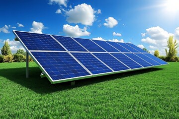 Solar panel installation on green grass under a bright blue sky with fluffy clouds during midday sunshine. Generative AI