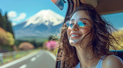 A happy woman at window car on summer road trip to Fuji mountain, Japan.