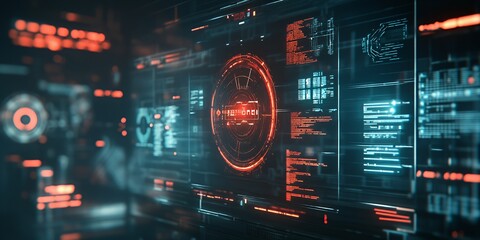 Futuristic digital interface with glowing red and blue elements, resembling a computer system or a spaceship control panel.