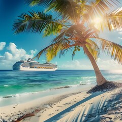 cruise ship and palm tree on the beach.