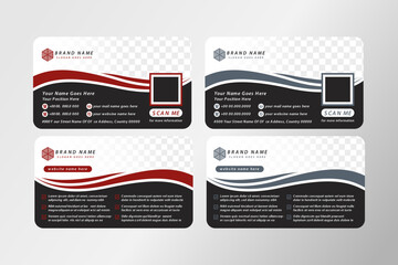 Wall Mural - double sided creative business card template. landscape orientation. red and grey elements. black ba