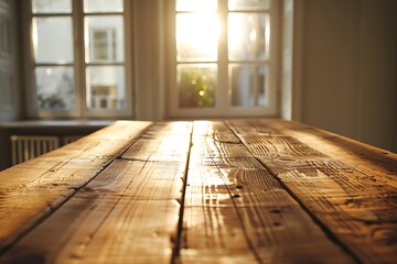 Wooden table in front of a window in the morning light.