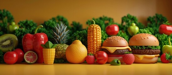 An assortment of fresh colorful and healthy fruits vegetables and sandwiches arranged on a yellow background  This image represents a balanced plant based and eco friendly meal or snack option