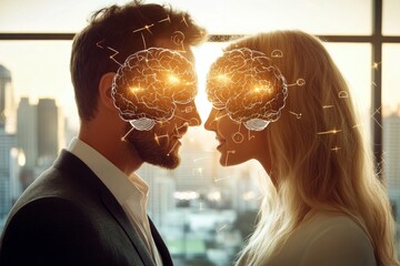 Wall Mural - Neural processors Neuro brain A couple with glowing neural brains set against a city skyline captures the intellectual and emotional connection within an urban love story