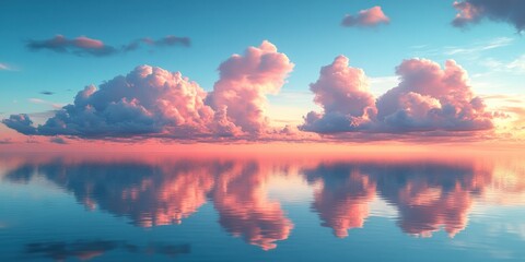 Wall Mural - Pink Clouds Reflected in Calm Water at Sunset