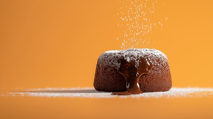 a chocolate lava cake with a gooey center and a dusting of powdered sugar against an isolated pastel orange background