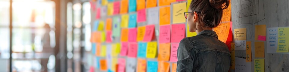 Young professional woman with braided hair and glasses standing in front of a wall covered in colorful sticky notes with a focused and thoughtful expression working in a creative office environment