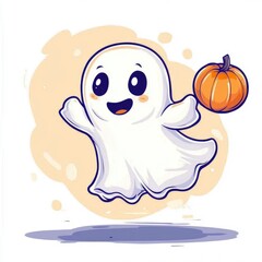 Wall Mural - Cute Cartoon Ghost Holding a Pumpkin