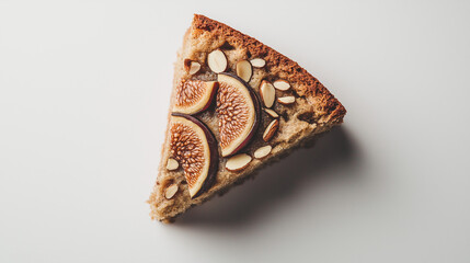 a fig and almond cake slice with fig slices and almond flakes on top against an isolated white background