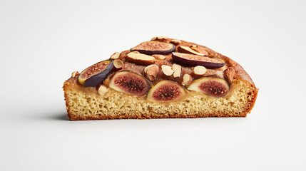 a fig and almond cake slice with fig slices and almond flakes on top against an isolated white background