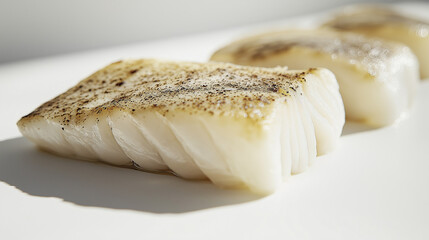 a fillet of cod with a flaky white texture and seasoning against an isolated white background