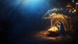 © Prasanth - Christmas nativity scene of born child baby Jesus Christ in the manger with Joseph and Mary.illustration Christmas Nativity Scene banner background of baby Jesus in the Christmas with Mary and Joseph.