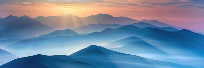 Poster - Sunlight breaking over a mountain range shrouded in morning mist at daybreak