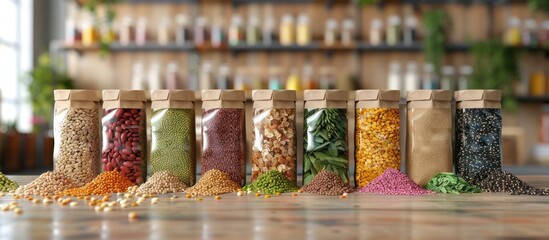 Wide variety of aromatic spices and fresh herbs in glass jars and bottles arranged on a rustic wooden table showcasing the diversity of flavors and colors in the culinary world