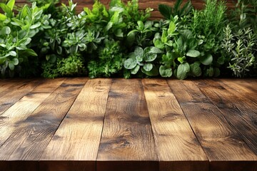 Fresh herbs growing in a wooden planter on a sunny day, showcasing vibrant greenery and rustic oak flooring. Generative AI