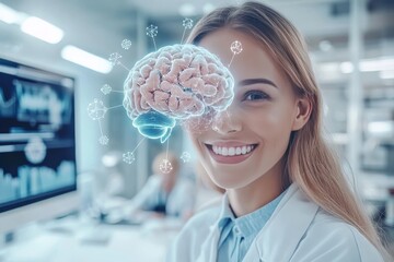 Sticker - Brain circuits Limbic system Smiling female scientist in lab with holographic brain projection showcasing advanced research and technological innovation in modern neuroscience