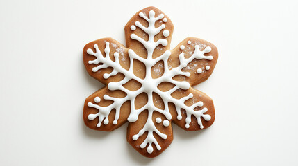 a gingerbread cookie with icing decoration in the shape of a snowflake against an isolated white background