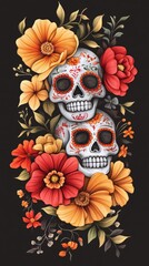 Wall Mural - Colorful Día de los Muertos sugar skulls with bright flowers on a dark background - Mexican culture - festive traditions - holiday art