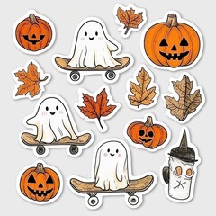 Canvas Print - Cute Halloween Stickers with Ghosts on Skateboards