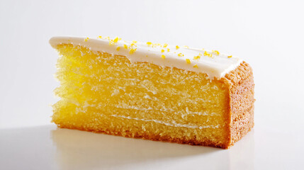 Wall Mural - a lemon drizzle cake slice with a shiny glaze and a sprinkle of lemon zest against an isolated white background