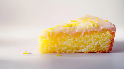 Wall Mural - a lemon drizzle cake slice with a shiny glaze and a sprinkle of lemon zest against an isolated white background