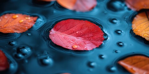 Wall Mural - Red and Orange Leaves Floating on Teal Water