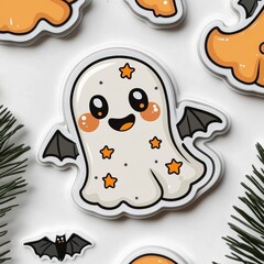 Poster - Cute Cartoon Ghost with Stars and Bat Wings Illustration