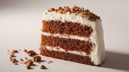 Wall Mural - a slice of carrot cake with cream cheese frosting and a sprinkle of chopped walnuts against an isolated white background