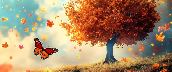 Poster - Featuring an abstract tree, palette knife, colorful leaves, and a butterfly, against a dynamic background with striking highlights and lighting