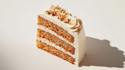 Wall Mural - a slice of carrot cake with cream cheese frosting and a sprinkle of chopped walnuts against an isolated white background