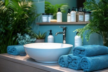 A modern bathroom sink with towels and plants.