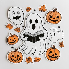 Canvas Print - Cute Halloween Ghost with Pumpkins and Leaves Stickers