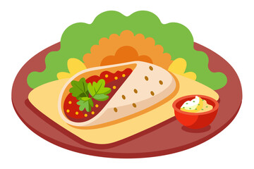 Delicious Mexican Burrito Platter with Rice, Beans, and Spicy Salsa - Vector Art Illustration