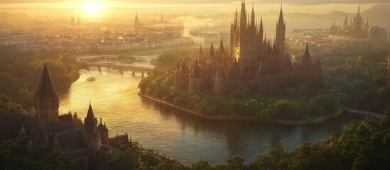 A majestic gothic castle overlooking a river with a bridge in a fantasy city