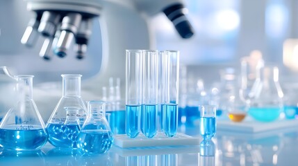 blue liquid in test tubes and flasks for science lab