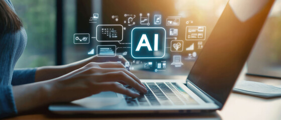 People typing on laptop with AI icon hovering above