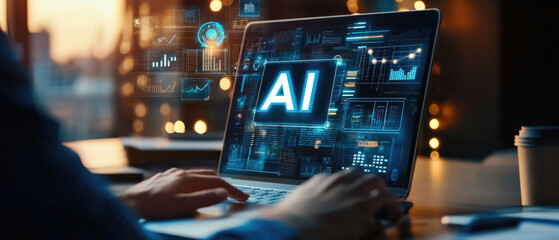People typing on laptop with AI icon hovering above
