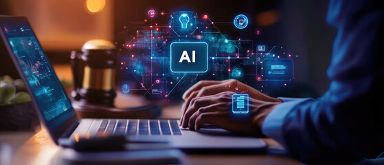 People typing on laptop with AI icon hovering above