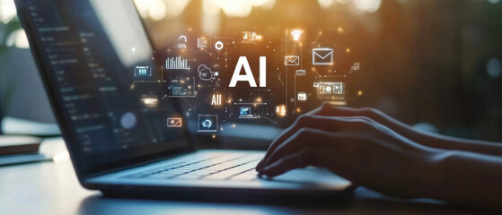 People typing on laptop with AI icon hovering above